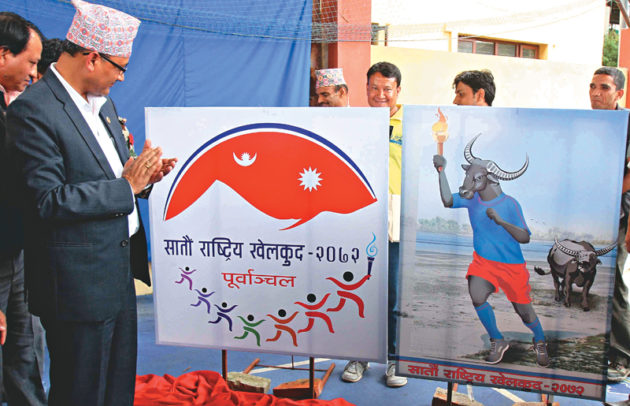 Purushottam Poudel (left) Minister of Youth and Sports unveils logo and mascot of the 7th National Games at Olympian semi-covered hall at National Sports Council in Kathmandu on Friday. (Credit Image: Udipt Singh Chhetry)