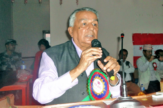 Nepali Congress senior leader Ram Chandra Paudel addressing a programme organised by Lamjung Congress to mark the 102th BP Anniversary, in Besisahar of Lamjung district, on Friday, September 9, 2016. Photo: Ramji Rana