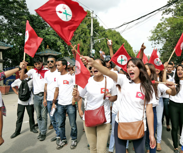 Nepal Students Union cadres chant slogans during the 11th general convention in Bhrikutimandap, Kathmandu, on Wednesday, August 10, 2016. Photo: RSS