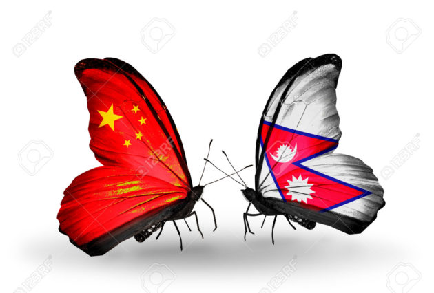 Two butterflies with flags on wings as symbol of relations China and Nepal